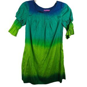 Tie-Dye Hippie Summer Colorful Green Blue Silk T-Shirt Dress Christine Celle XS‎